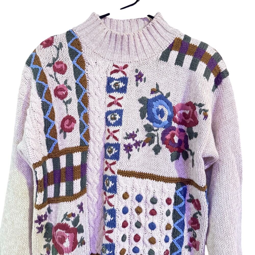 IC ISAACS Cream Sweater with Colorful Flowers and Designs Ramie/Cotton Sz S
